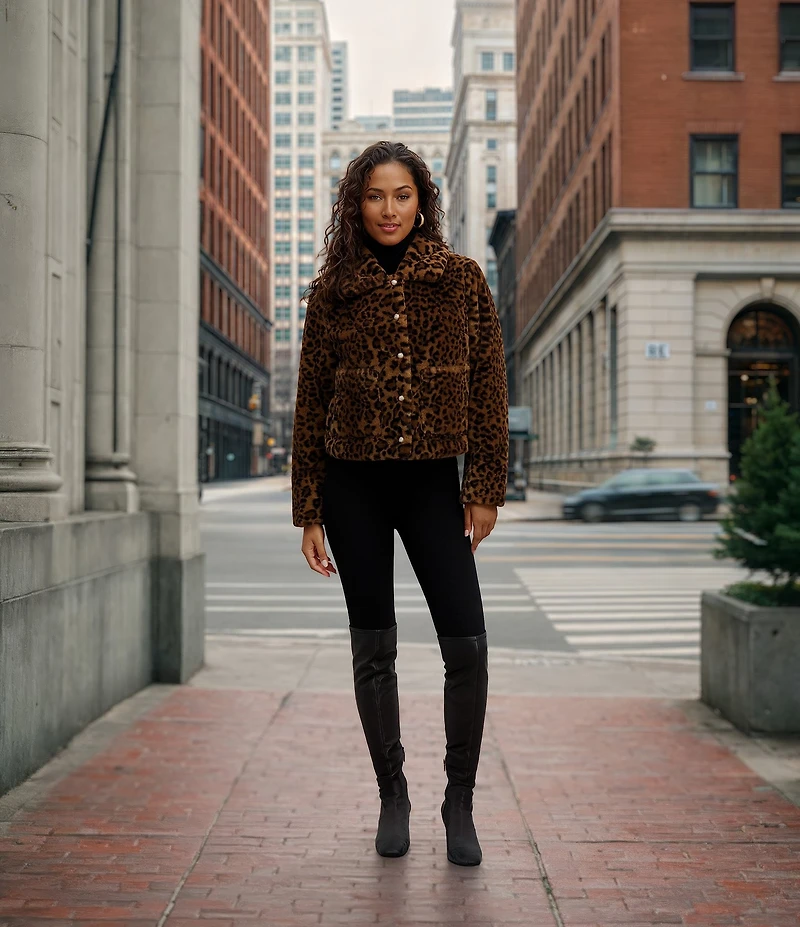 Kensie Leopard Faux Fur Collared Neck Long Sleeves Gold Button Front Coat