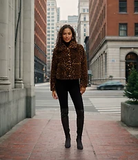 Kensie Leopard Faux Fur Collared Neck Long Sleeves Gold Button Front Coat