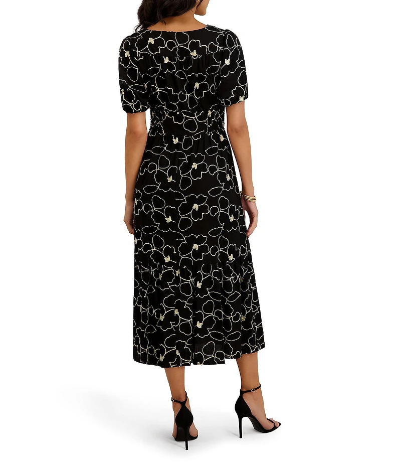 Kensie Linen Blend Short Sleeve V-Neck Embroidered A-Line Midi Dress