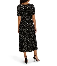 Kensie Linen Blend Short Sleeve V-Neck Embroidered A-Line Midi Dress