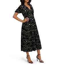 Kensie Linen Blend Short Sleeve V-Neck Embroidered A-Line Midi Dress