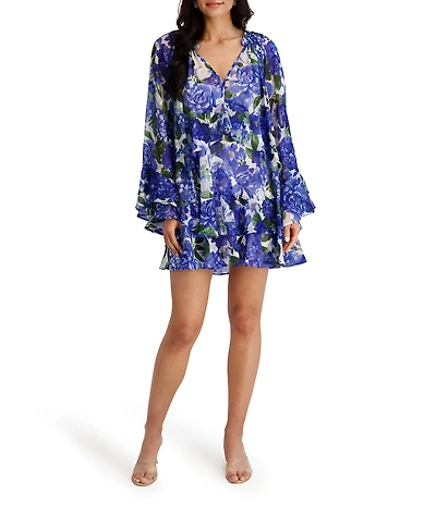 Kensie Long Flare Sleeve Floral Printed Chiffon V Neck Short Dress