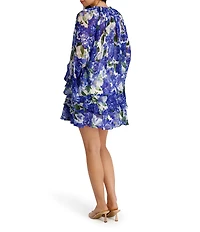 Kensie Long Flare Sleeve Floral Printed Chiffon V Neck Short Dress
