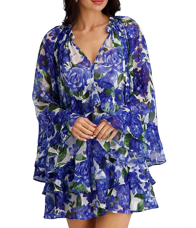 Kensie Long Flare Sleeve Floral Printed Chiffon V Neck Short Dress