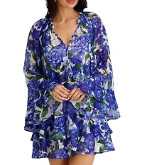 Kensie Long Flare Sleeve Floral Printed Chiffon V Neck Short Dress