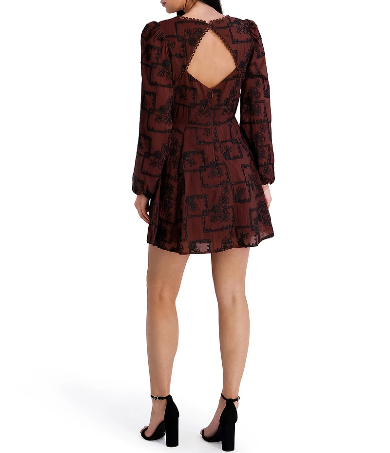 Kensie Long Sleeve Embroidered Woven Mini Dress