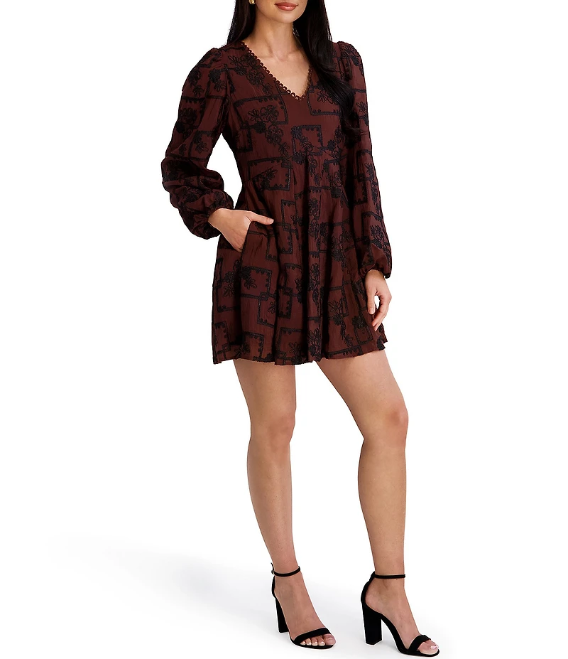 Kensie Long Sleeve Embroidered Woven Mini Dress