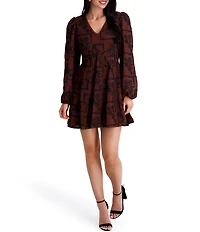 Kensie Long Sleeve Embroidered Woven Mini Dress