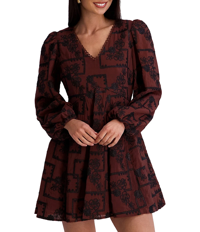 Kensie Long Sleeve Embroidered Woven Mini Dress