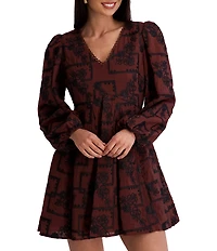 Kensie Long Sleeve Embroidered Woven Mini Dress