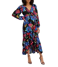 Kensie Long Sleeve Floral Chiffon Embroidered Mesh High Low Dress