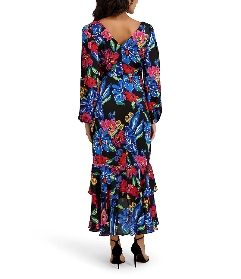 Kensie Long Sleeve Floral Chiffon Embroidered Mesh High Low Dress