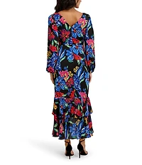 Kensie Long Sleeve Floral Chiffon Embroidered Mesh High Low Dress