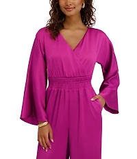 Kensie Long Sleeve Matte Satin Full Length Jumpsuit