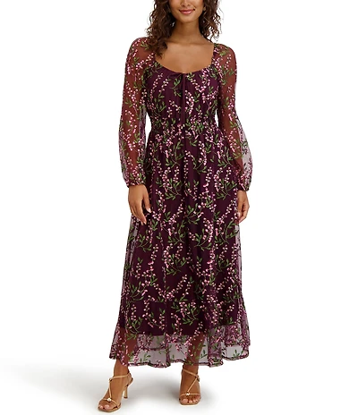 Kensie Long Sleeve Square Neck Embroidered Mesh Midi Dress