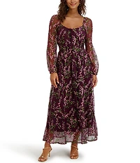 Kensie Long Sleeve Square Neck Embroidered Mesh Midi Dress