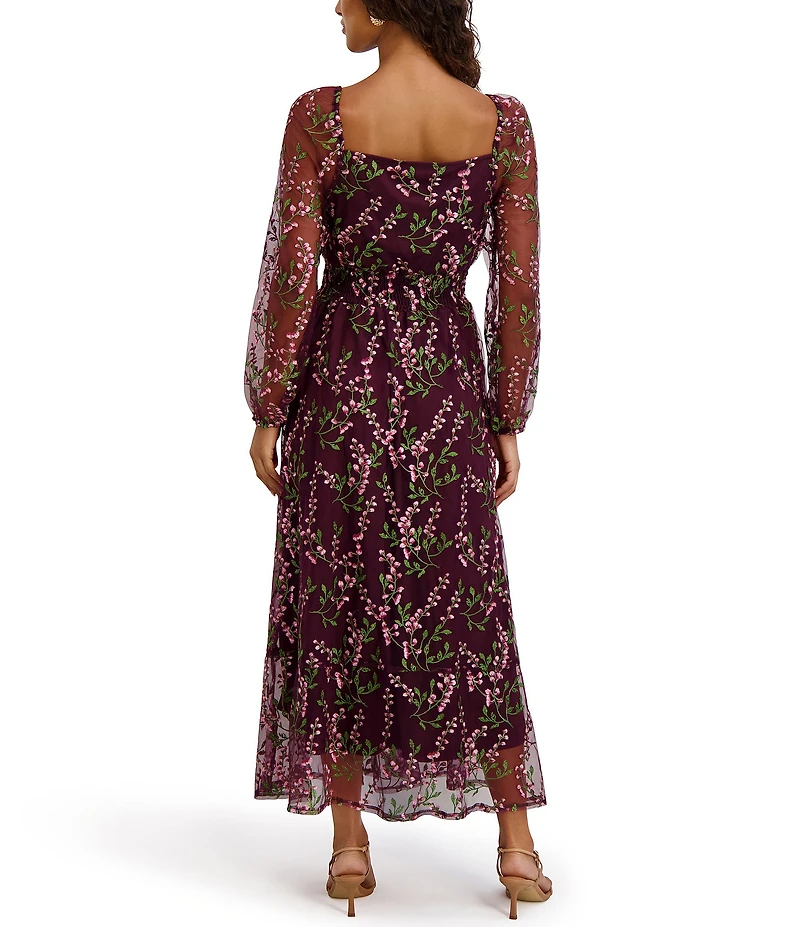 Kensie Long Sleeve Square Neck Embroidered Mesh Midi Dress