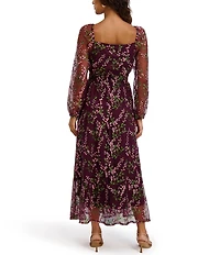 Kensie Long Sleeve Square Neck Embroidered Mesh Midi Dress