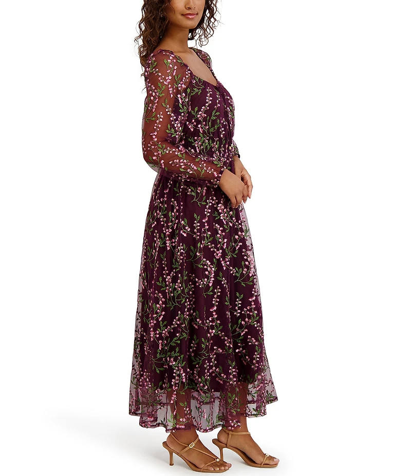 Kensie Long Sleeve Square Neck Embroidered Mesh Midi Dress