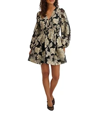 Kensie Long Sleeve V- Neck Floral Jacquard Organza Mini Dress