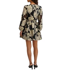 Kensie Long Sleeve V- Neck Floral Jacquard Organza Mini Dress