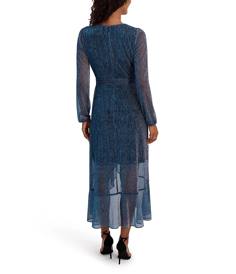 Kensie Metallic Faux Wrap Long Sleeve Crinkle Knit Sheer Overlay Surplice V-Neck Ruffle Hem Midi Dress