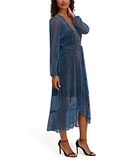 Kensie Metallic Faux Wrap Long Sleeve Crinkle Knit Sheer Overlay Surplice V-Neck Ruffle Hem Midi Dress