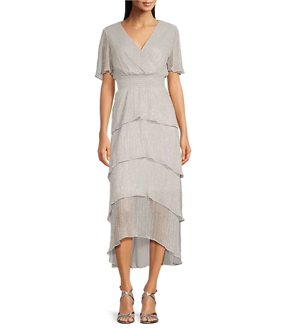 Kensie Metallic V-neck Short Flutter Sleeve Tiered High-Low Smocked Waist Tiered Dress