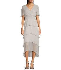 Kensie Metallic V-neck Short Flutter Sleeve Tiered High-Low Smocked Waist Tiered Dress