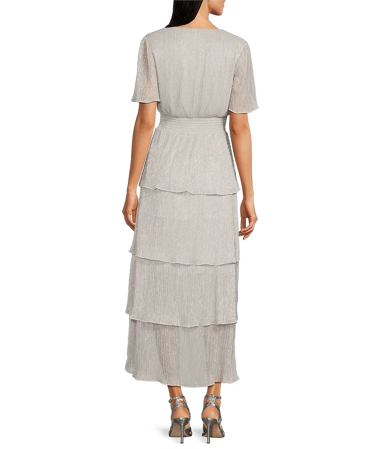 Kensie Metallic V-neck Short Flutter Sleeve Tiered High-Low Smocked Waist Tiered Dress
