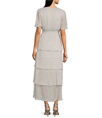 Kensie Metallic V-neck Short Flutter Sleeve Tiered High-Low Smocked Waist Tiered Dress