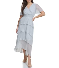 Kensie Metallic V-neck Short Flutter Sleeve Tiered High-Low Smocked Waist Tiered Dress