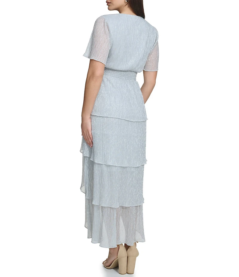 Kensie Metallic V-neck Short Flutter Sleeve Tiered High-Low Smocked Waist Tiered Dress