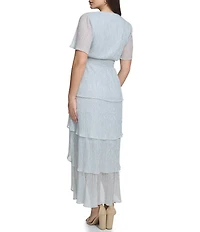 Kensie Metallic V-neck Short Flutter Sleeve Tiered High-Low Smocked Waist Tiered Dress