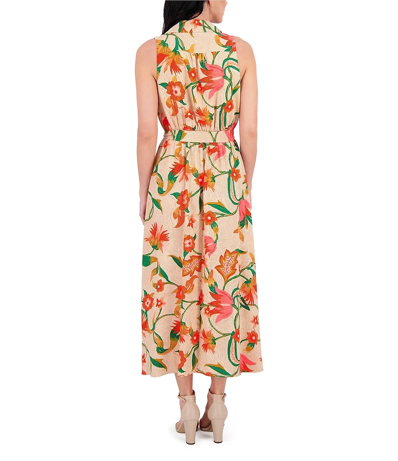 Kensie Notch Collar Sleeveless Tie Waist Floral Print Woven Midi Shirt Dress