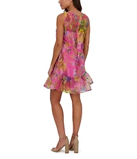 Kensie Organza Floral Print Crew Neck Sleeveless Shift Mini Dress