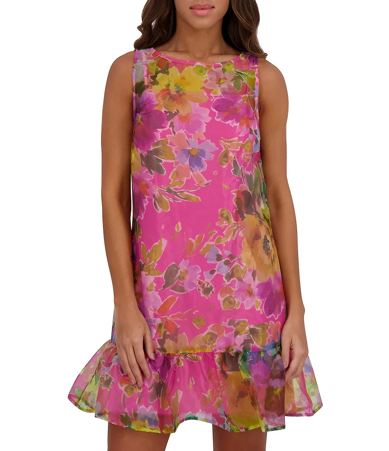 Kensie Organza Floral Print Crew Neck Sleeveless Shift Mini Dress