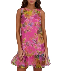 Kensie Organza Floral Print Crew Neck Sleeveless Shift Mini Dress