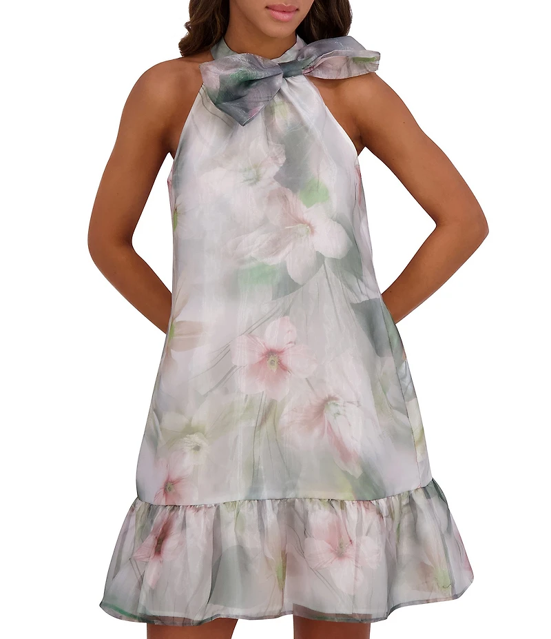 Kensie Organza Floral Print Halter Neck Sleeveless Bow Detail Shift Mini Dress