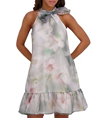 Kensie Organza Floral Print Halter Neck Sleeveless Bow Detail Shift Mini Dress