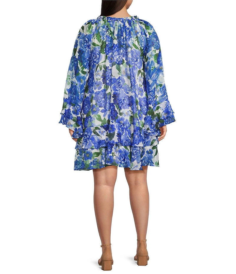 Kensie Plus Chiffon Floral Print Ruffle Long Sleeve A-Line Mini Dress