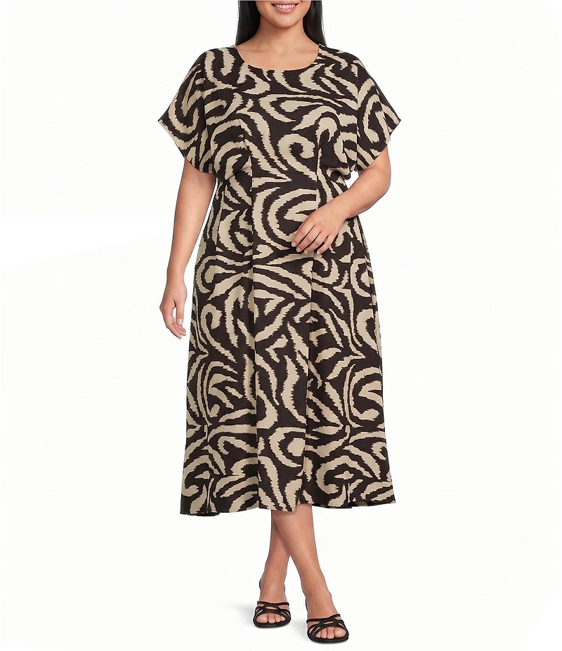 Kensie Plus Short Sleeve Smocked Back Printed Midi Dress