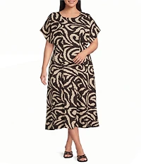 Kensie Plus Short Sleeve Smocked Back Printed Midi Dress