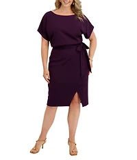 Kensie Plus Size Crepe Scuba Short Sleeve Bow Detail Knee Length Dress
