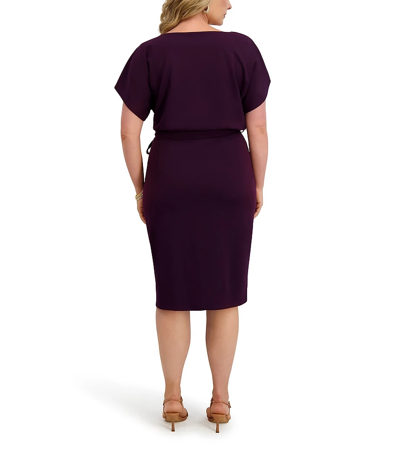 Kensie Plus Size Crepe Scuba Short Sleeve Bow Detail Knee Length Dress
