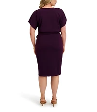 Kensie Plus Size Crepe Scuba Short Sleeve Bow Detail Knee Length Dress