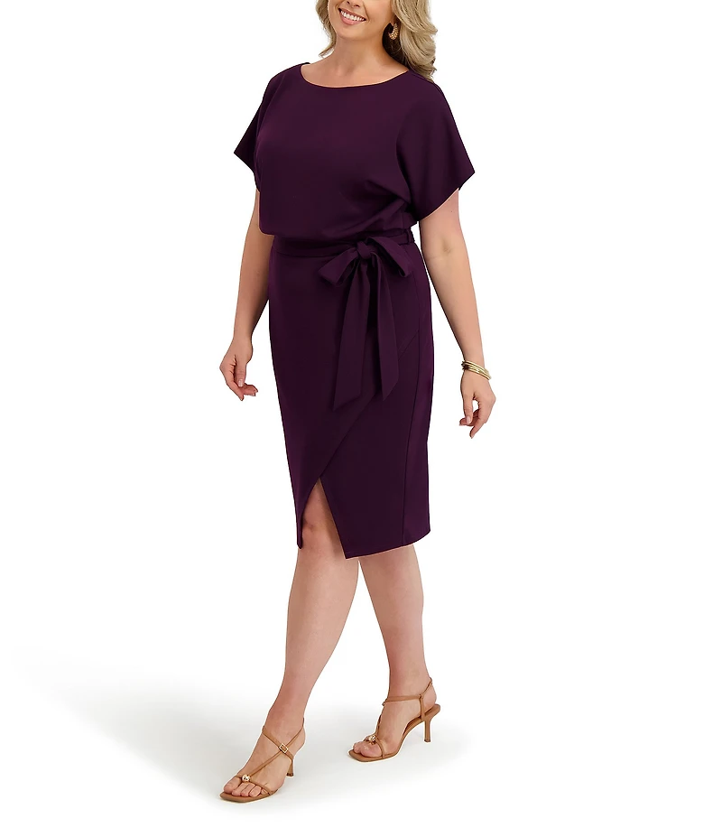 Kensie Plus Size Crepe Scuba Short Sleeve Bow Detail Knee Length Dress