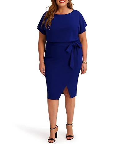Kensie Plus Size Crepe Scuba Short Sleeve Bow Detail Knee Length Dress