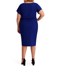 Kensie Plus Size Crepe Scuba Short Sleeve Bow Detail Knee Length Dress