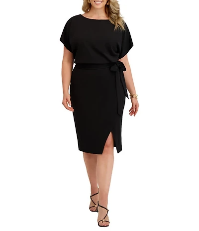 Kensie Plus Size Crepe Scuba Short Sleeve Bow Detail Knee Length Dress